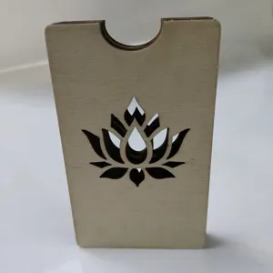 Wooden lotus business card holder detail view, vintage card storage box, stylish desktop decor.
