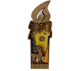Ornement de bureau bougie de Noël en bois avec renne et sapin sculptés pour décoration de fête