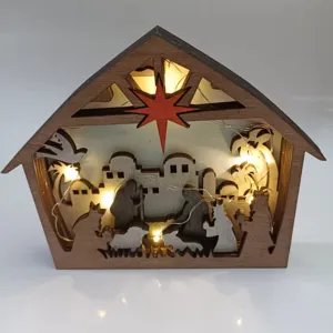 Décoration de Noël en Bois Scène de Nativité 3D Crèche de Jésus Ornement de Table Sculpté Creux Décor de Fête