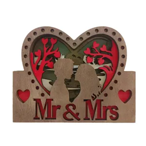 Wooden 3D Valentine wedding decorative ornament, romantic couple silhouette heart craft for home desk.