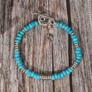 Handmade turquoise beaded bracelet with silver T-bar clasp and retro ethnic jewelry