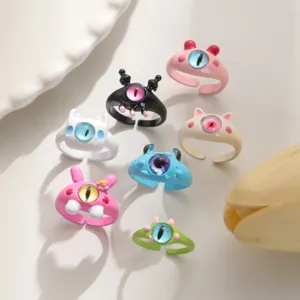 Anello Aperto Creativo a Forma di Piccolo Mostro dei Cartoni Animati Colorato Personalizzato alla Moda Stile Dopamina in Lega Strass Regolabile per Donna