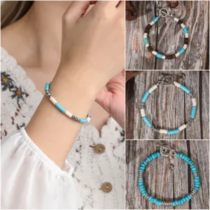 Vintage Ethnic Handmade Beaded Bracelet Wood Coconut Shell Turquoise Accent Toggle Clasp Geometric Strand Bracelet Jewelry For Women Men