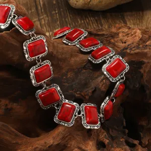 Vintage bohemian red stone geometric square link necklace ethnic style statement collar chain