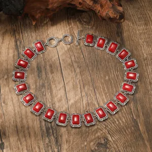 Vintage bohemian red stone geometric clavicle necklace with antique silver metal links for women.