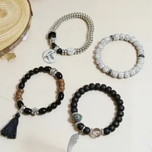 Bohemian retro beaded stretch bracelets set featuring multiple styles, metal beads, and charms.