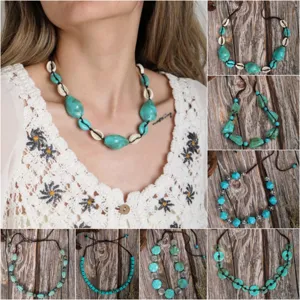 Bohemian Vintage Acrylic Faux Turquoise Geometric Beaded Necklace Hand-Woven Cord Ethnic Choker For Women Vacation Daily Jewelry Gift
