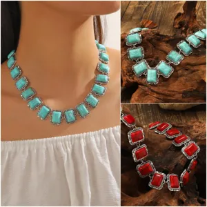 Vintage Bohemian Alloy Geometric Square Turquoise Red Stone Pendant Necklace Ethnic Style Choker Fashion Jewelry For Women