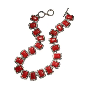 Boho vintage red stone rectangular link necklace statement metallic chain jewelry for women