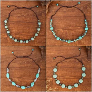 Bohemian vintage turquoise beaded necklace, ethnic style handmade braided rope jewelry for women.