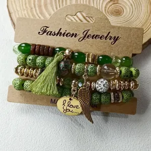 Bohemian multi-layer beaded bracelet set with green stones, wooden beads, and tassel charms.