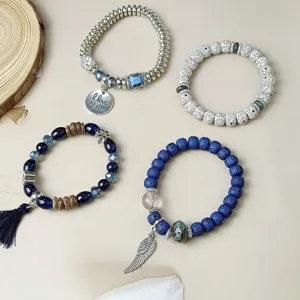 Bohemian multi-layer stackable beaded elastic bracelet set with vintage ethnic style design.