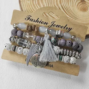 Bohemian multi-layer beaded bracelet set with tassel and wing charms for women vintage jewelry