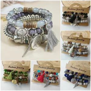 Bohemian Vintage Multilayer Beaded Elastic Stretch Bracelet Set Wooden Glass Beads Tassel Pendant Bangles For Women Jewelry Gift