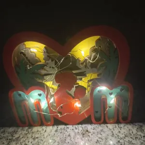 Wooden Mother's Day LED night light detail view, carved MOM holiday desktop decoration ornament.