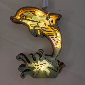 Wooden 3D dolphin night light multi-layer carved LED decorative ornament for home desktop decor