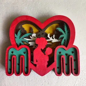 Wooden Mother's Day layered carving ornament with heart palm tree design decor for home