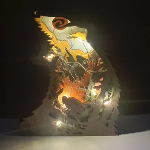 Figurine de Loup Sculptée Multicouche en Bois Ornement de Bureau Avec Lumières LED Décoration de Maison de Noël Artisanat