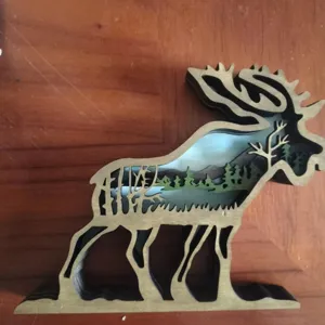 Wooden Christmas Elk Multi Layer Carved Desktop Ornament Holiday Home Decor Forest Deer Handcrafted Wooden Craft Gift
