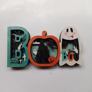 Halloween Bois 3D BOO Lettre Ornement Décoratif Ajouré Sculpté Décoration de Bureau Fête Fournitures