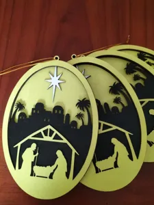 Wooden Bethlehem Jesus birth hanging ornament detail, perfect for Christian holiday home decor.