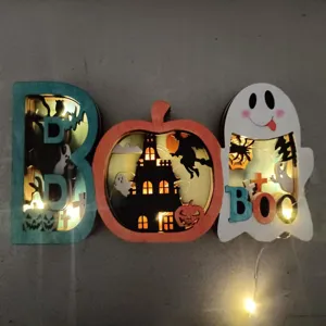 Halloween en bois 3D creux ornement lumineux détail avec lettre BOO fantôme citrouille.