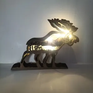 Wooden moose Christmas night light desktop ornament multi-layer carved holiday decor LED lamp