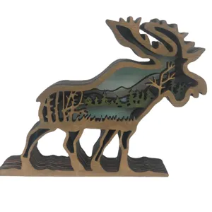 Wooden moose multi-layer carved desktop ornament, rustic forest nature home decor craft.