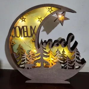 Ornement Suspendu en Bois Lune Arbre de Noël Avec Lumière LED Décoration de Maison de Vacances Cadeau de Fête de Noël