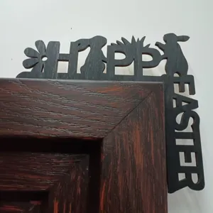 Easter wooden door corner decoration, black cutout bunny and flower design for home holiday setup.