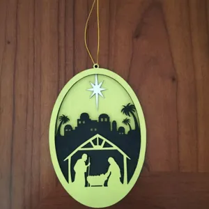 Wooden nativity scene hanging ornament, Easter and Christmas home decor crafts.