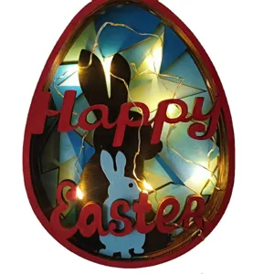 Decoration d'oeuf de Paques en bois avec lumieres LED et silhouette de lapin pour fete.