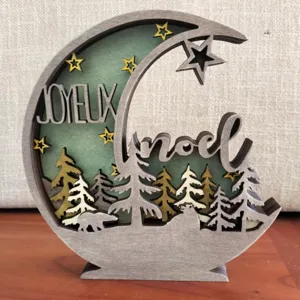 Decoration de Noel en bois lune multicouche avec sapins etoiles et ours pour bureau