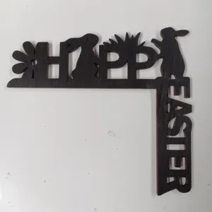 Easter wooden door corner sign, black bunny and flower home decoration for holiday party.