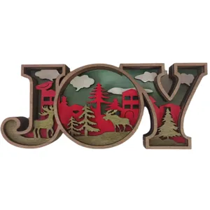 Wooden 3D JOY Christmas letter ornament desktop hollow carved holiday home decor 1pcs