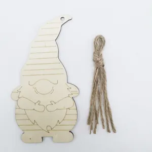 Wooden gnome pendant with twine rope for DIY holiday home decoration craft hanging.