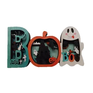 Halloween en bois 3D ornement décoratif lettre BOO panneau de table pour fête effrayante