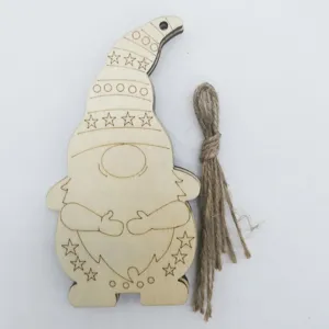 Wooden gnome Christmas ornament detail, laser carved holiday pendant with natural twine string.