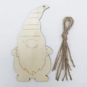 Wooden gnome blank pendant detail view with natural jute twine for DIY handmade crafts.