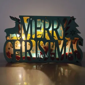 Panneau lumineux LED en bois de Noël, décoration de table creuse MERRY CHRISTMAS pour fête.