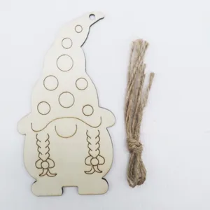 Wooden gnome hanging tag detail showing the laser cut design and natural jute twine rope.