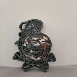 Wooden skull multi layer carved Halloween desktop decoration LED ornament craft item