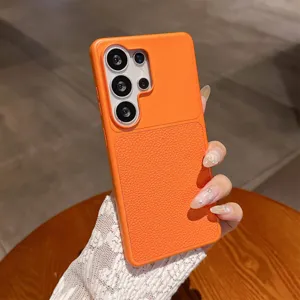 Orange leather texture phone case for Samsung S26 Ultra, protective PC back cover.
