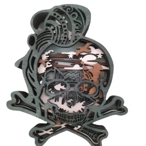Halloween wooden skull multi-layer carved LED desktop decoration craft ornament.