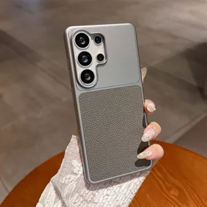 Close-up detail of luxury leather texture phone case back panel compatible with Samsung Ultra.