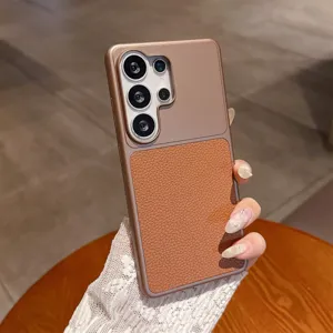 Detail shot of leather patch phone case for Samsung Galaxy Ultra, PC hard shell anti-drop cover