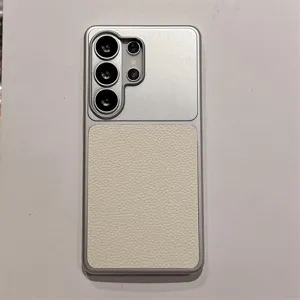 Leather texture phone case for Samsung Ultra, hard PC protective cover with large camera holes.