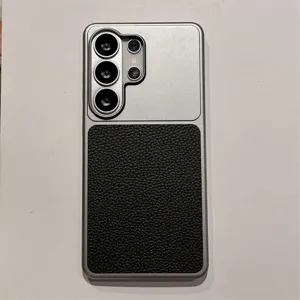 Compatible with Samsung Ultra phone case, silver frame and black leather protective cover.
