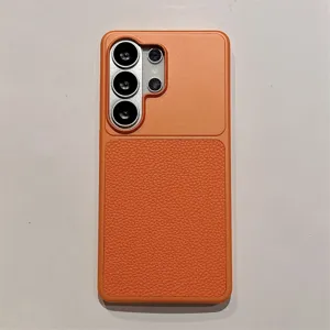 Orange leather texture PC hard phone case compatible with Samsung S26 Ultra detail view