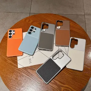 Leather splice phone case detail view, durable PC hard shell protective cover for Samsung.